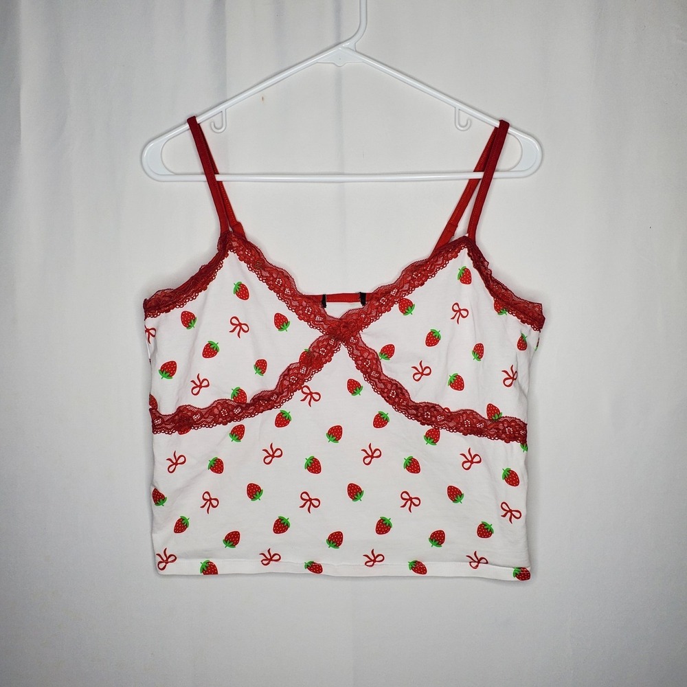 Strawberry Bows Lace Trim Empire Waist Crop Tank Small Y2K Whimsigoth Coquette
